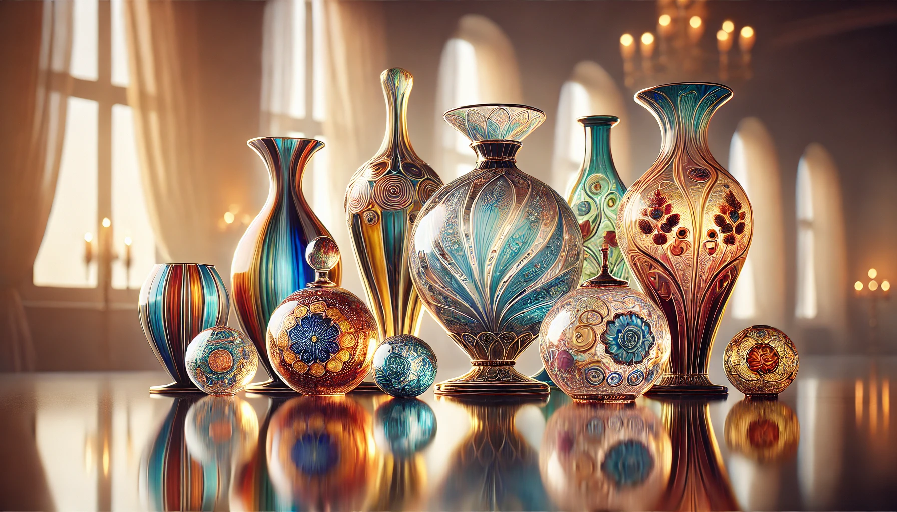 A selection of vibrant, intricately crafted Murano glass pieces elegantly arranged on a polished surface, with a softly blurred background that highlights their exquisite craftsmanship.