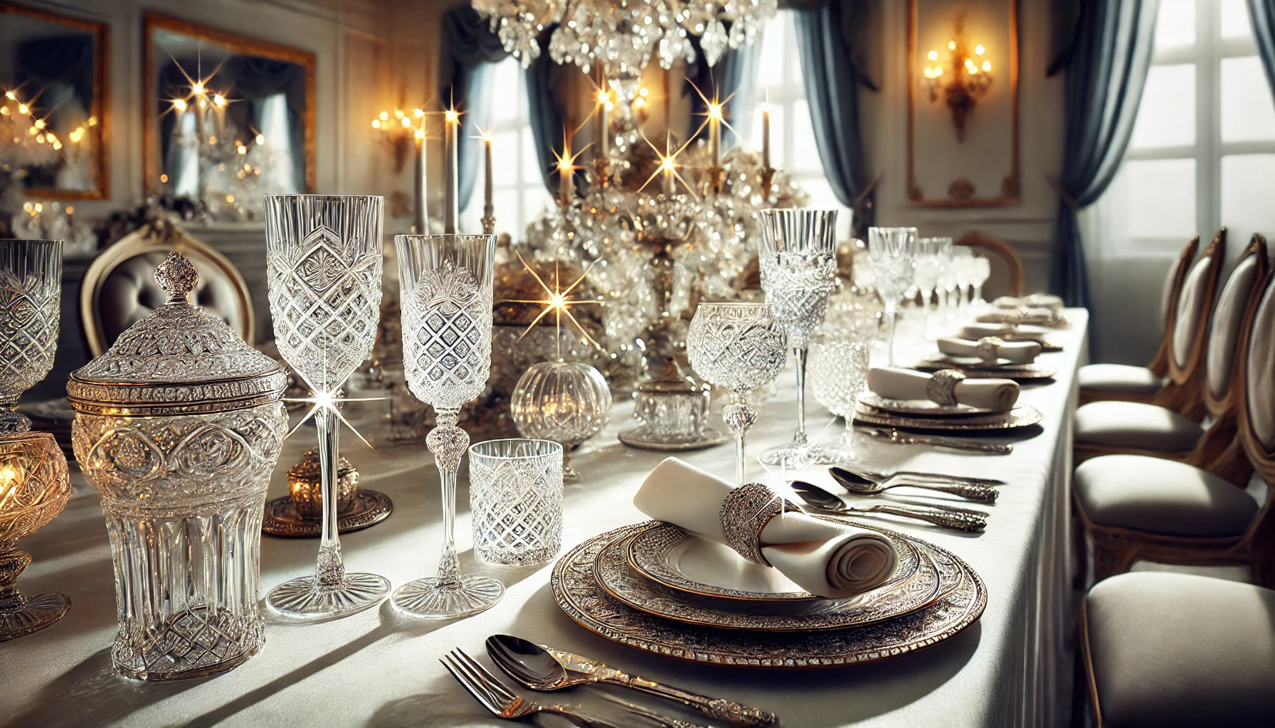 A luxurious dining table elegantly set with crystal glassware for a formal dinner.