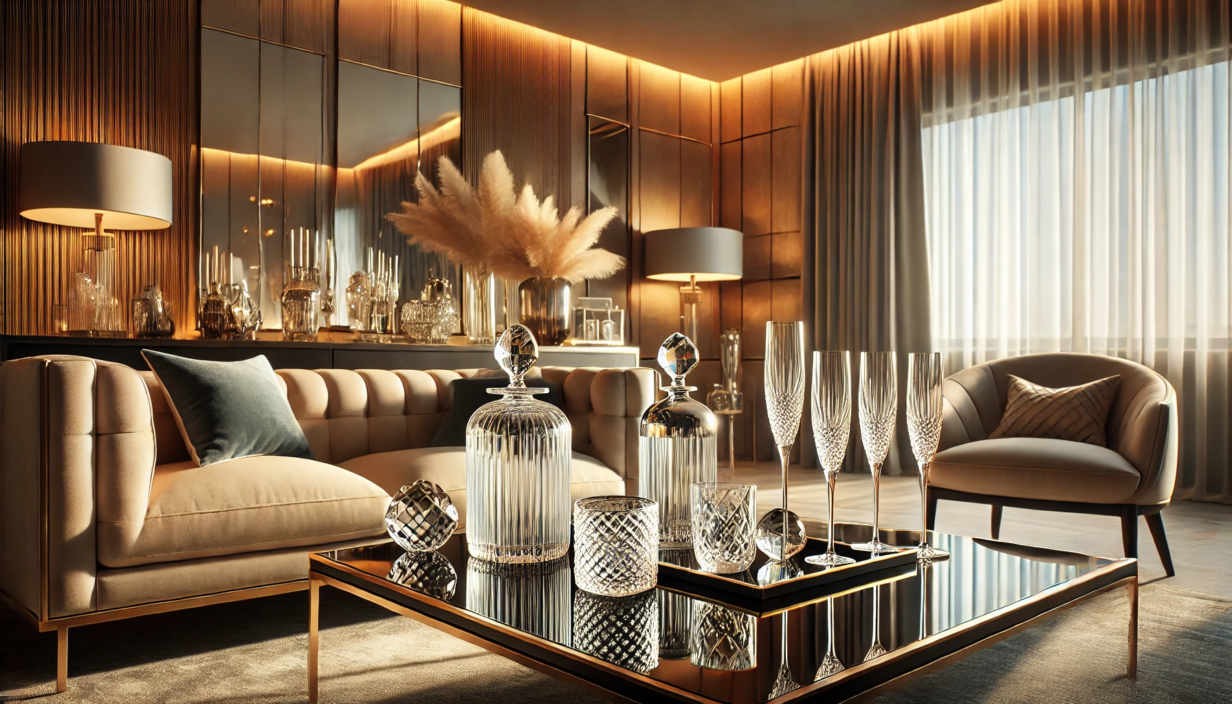 An elegant and luxurious living room setting with crystal glass decor displayed on a modern coffee table.
