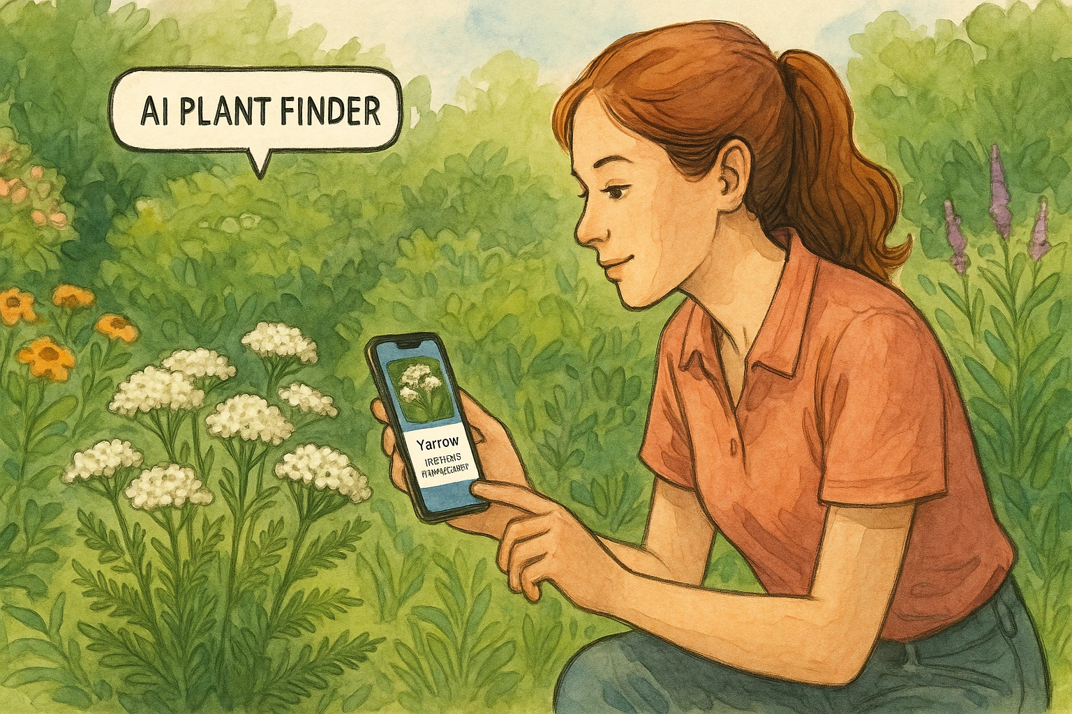 A woman identifies a bush via AI Plant Finder.