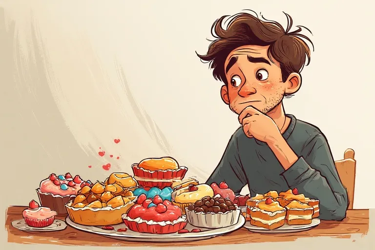 The man bought a lot of sweets, they are on the table, he has a thoughtful face because he regrets that he did it.
