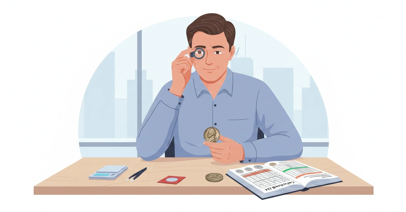 A coin dealer evaluating a 1970 Jefferson nickel, price guide, and magnifier on desk