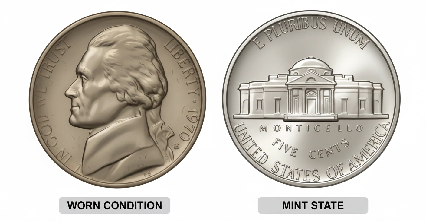A side-by-side display of worn and mint state 1970 nickel